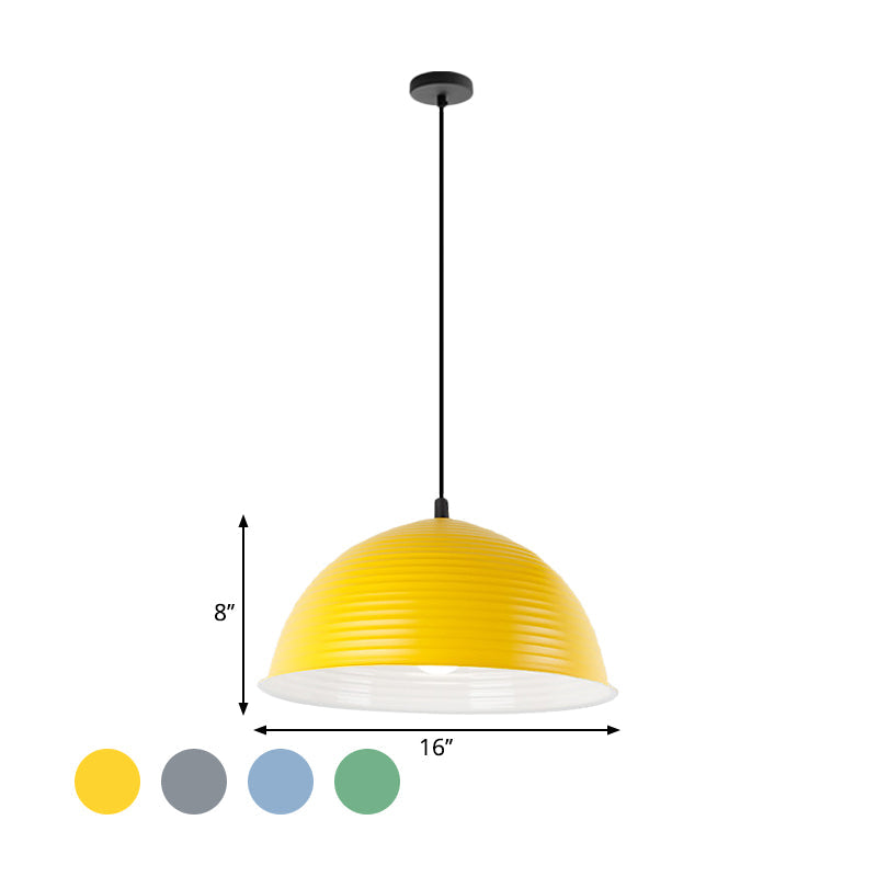 Industrial Grey/Yellow Hanging Lamp With Ribbed Dome Shade - 1 Light 12’/16’ Wide Metal Indoor