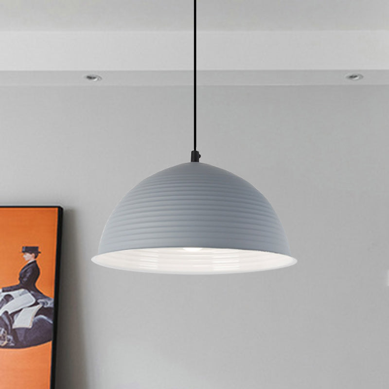 Industrial Grey/Yellow Hanging Lamp With Ribbed Dome Shade - 1 Light 12’/16’ Wide Metal Indoor