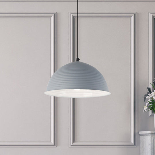 Industrial Grey/Yellow Hanging Lamp With Ribbed Dome Shade - 1 Light 12’/16’ Wide Metal Indoor