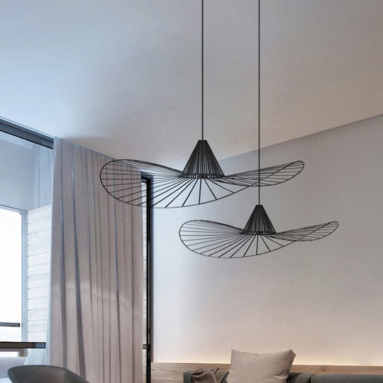 Black Wire Hat-Shaped Pendant Light For Restaurants - Simple Style