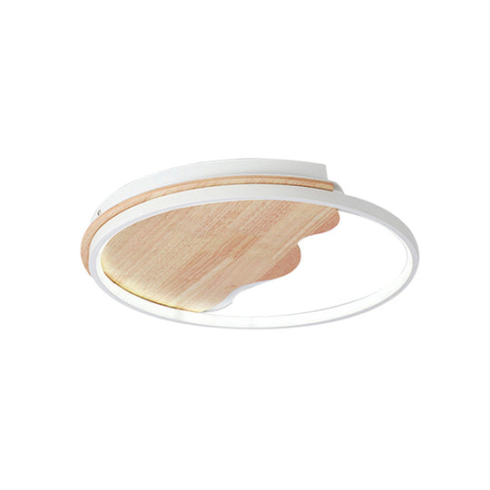 Nordic Wave Flush Ceiling Light With Wood Ring - White Fixture For Study Room