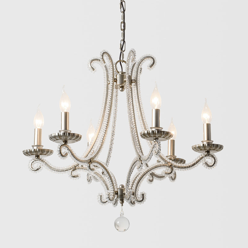 Crystal Bead Coated Chandelier - 6 Lights Countryside Silver Candle Style Ideal For Living Room