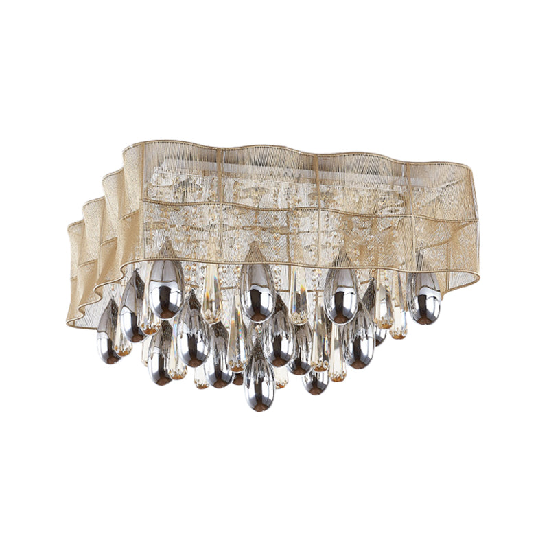 Sleek 15 - Head Crystal Drip Flush Mount Ceiling Light With Beige Sheer Shade