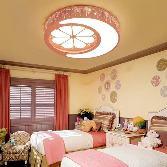 Children’s Metallic Ceiling Lamp: Circular Led Flush Mount Light With Crescent And Flower Design