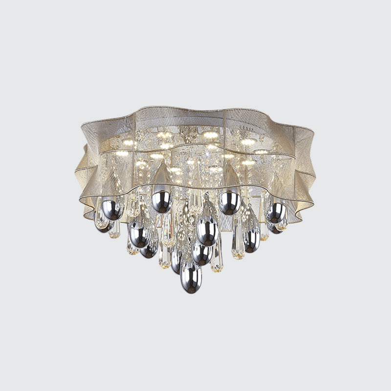 Led Flush Mount Beige Sheer Ceiling Lamp With Crystal Droplet - 20/25.5 Wide