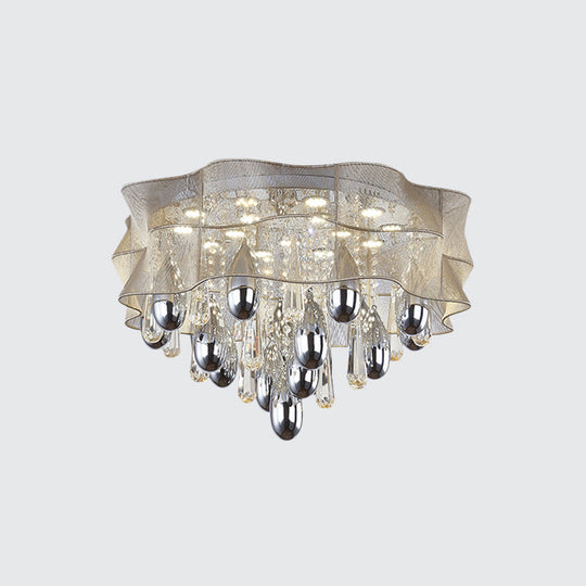 Led Flush Mount Beige Sheer Ceiling Lamp With Crystal Droplet - 20/25.5 Wide
