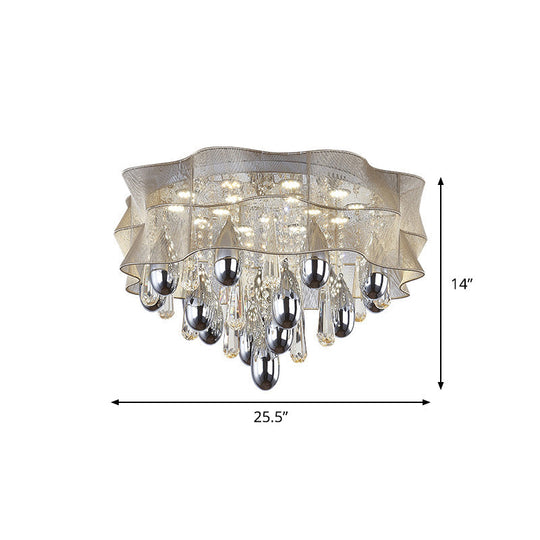 Led Flush Mount Beige Sheer Ceiling Lamp With Crystal Droplet - 20/25.5 Wide