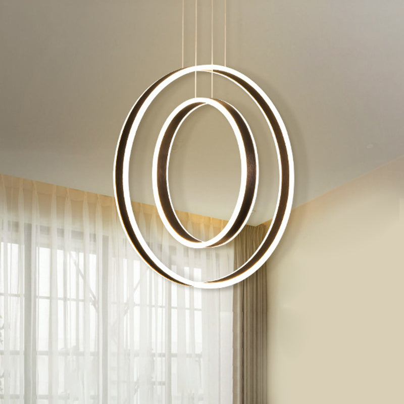 Sleek Dual Circle Pendulum Led Pendant Light For Dining Room - Brown + Warm/White/Natural