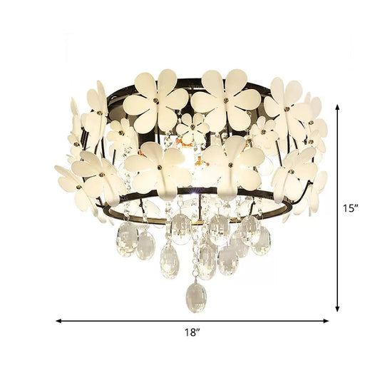 Black Drum Flush Mount Light With Nordic K9 Crystal Ball And Petal Decoration - Bedroom Ceiling Lamp