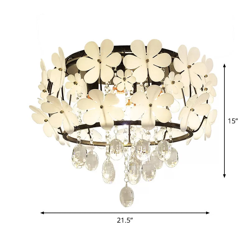 Black Drum Flush Mount Light With Nordic K9 Crystal Ball And Petal Decoration - Bedroom Ceiling