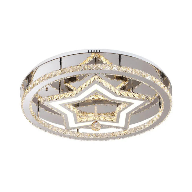 19.5/23.5 Star Crystal Semi Flush Mount Led Ceiling Fixture In Chrome - Warm/White Light Great Room