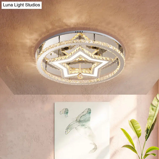 19.5/23.5 Star Crystal Semi Flush Mount Led Ceiling Fixture In Chrome - Warm/White Light Great Room
