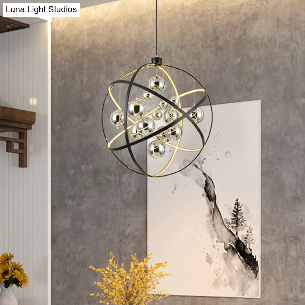 19.5/31.5 W Black Led Pendant Chandelier With Globe Iron Frame: Industrial Ceiling Hang Light In