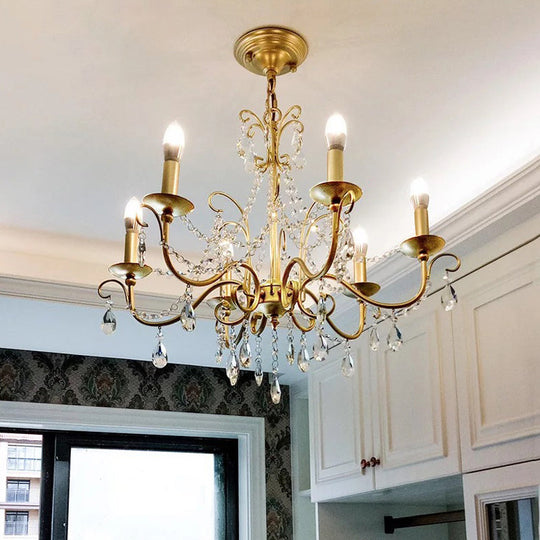 Traditional Candle Hanging Lamp - Metal Chandelier With Crystal Decor In Champagne (3/6 Heads)