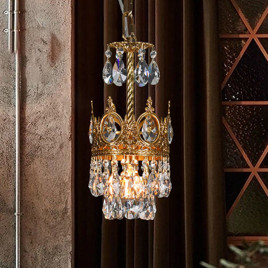 Traditional Crown-Shape Crystal Flush Hanging Lamp Kit With Hand Cut Brass Frame