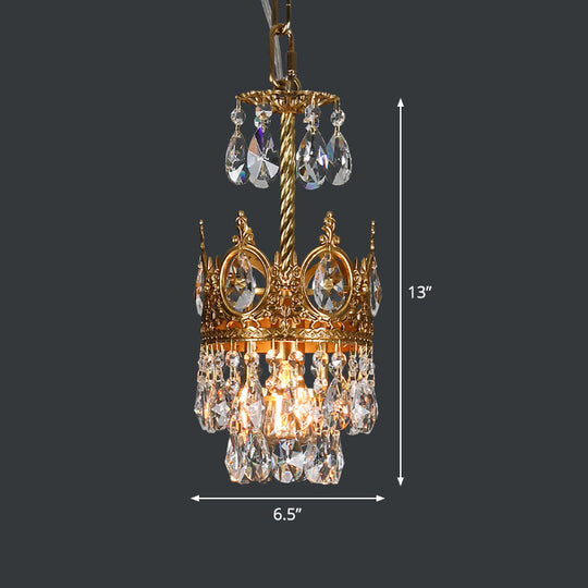 Traditional Crown-Shape Crystal Flush Hanging Lamp Kit With Hand Cut Brass Frame