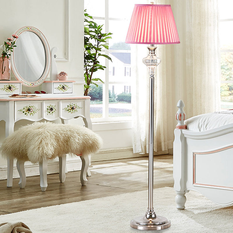 Crystal Urn-Shaped Living Room Floor Lamp - Pink 1-Bulb Standing Light With Cone Fabric Shade