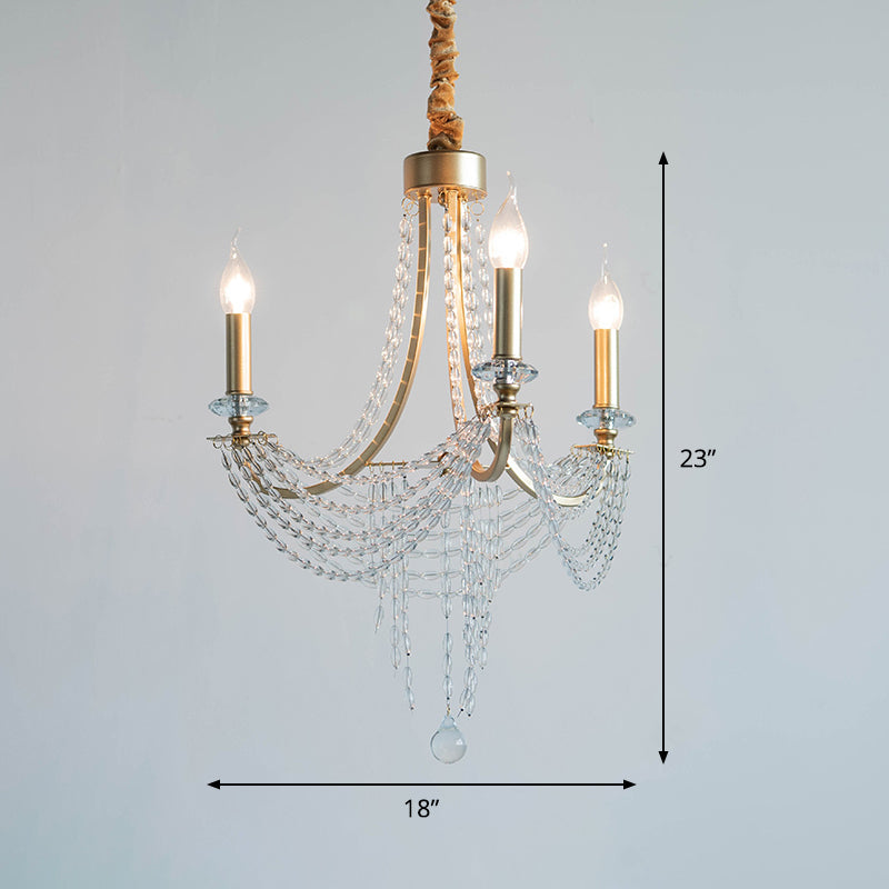 Rustic Iron 3-Headed Bedroom Pendant Light With Crystal Accents - Champagne Swooping Arm Candle