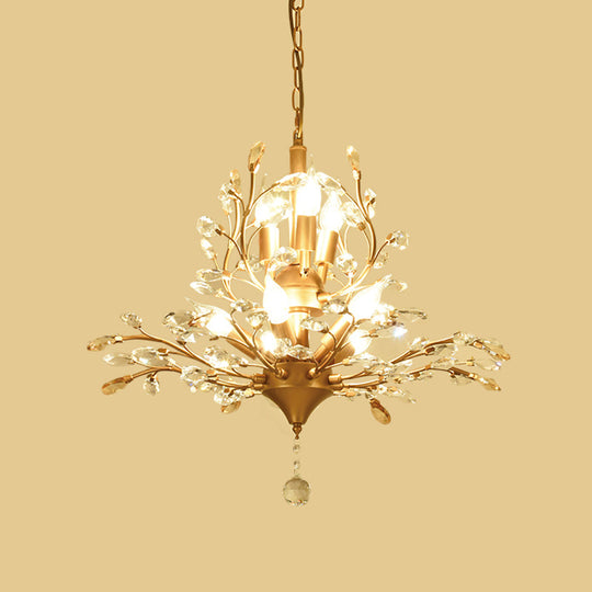 Gold Tree Crystal Pendant Light - Rural 8-Bulb Suspension Chandelier 19.5’/21.5’ High Dining