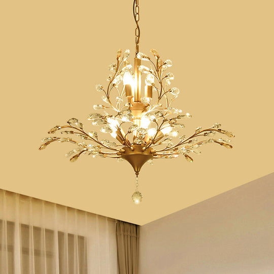 Gold Tree Crystal Pendant Light - Rural 8-Bulb Suspension Chandelier 19.5’/21.5’ High Dining