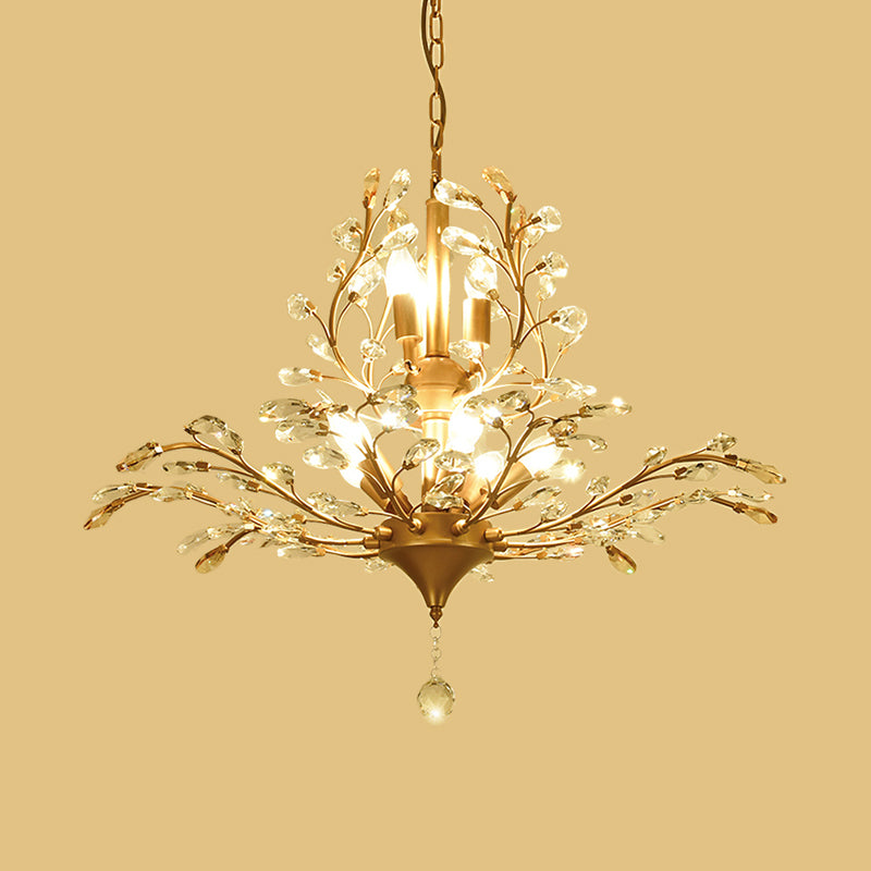 Gold Tree Crystal Pendant Light - Rural 8-Bulb Suspension Chandelier 19.5’/21.5’ High Dining