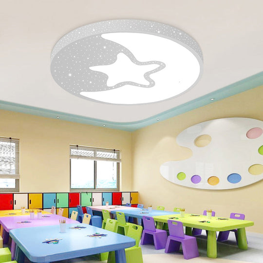 Starry Kid Bedroom Flush Ceiling Light - Crescent Metal Led Fixture In White / 16