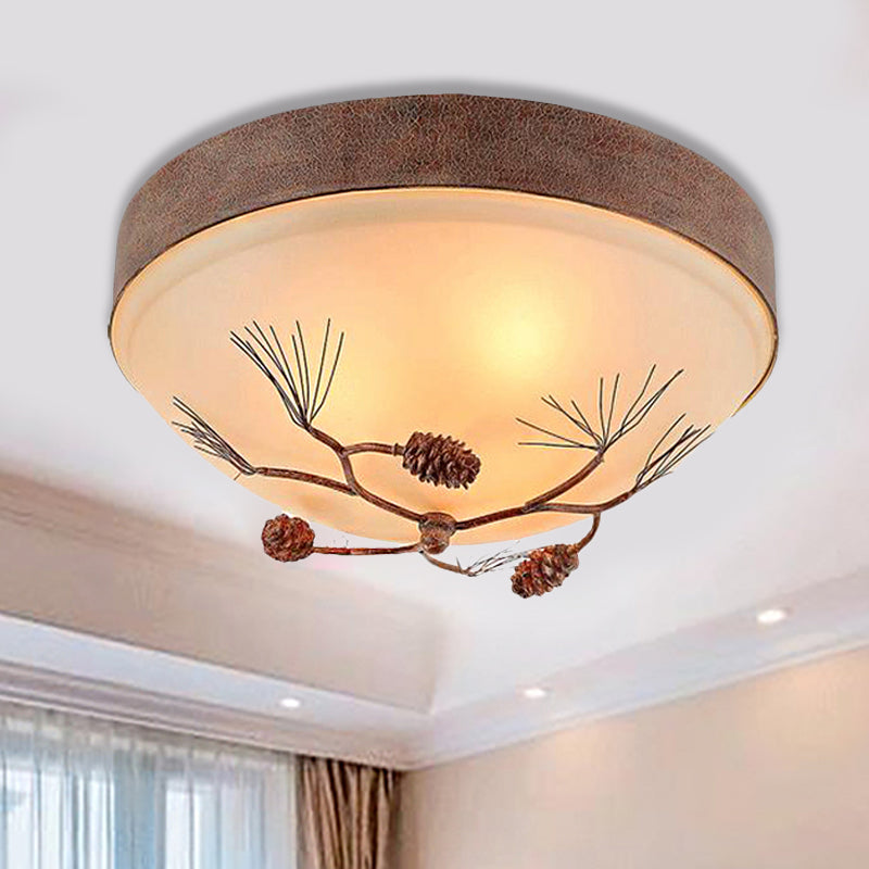 Traditional Beige Ceiling Light Fixture With Frosted Glass Drum Shade - 3 Lights For Bedroom