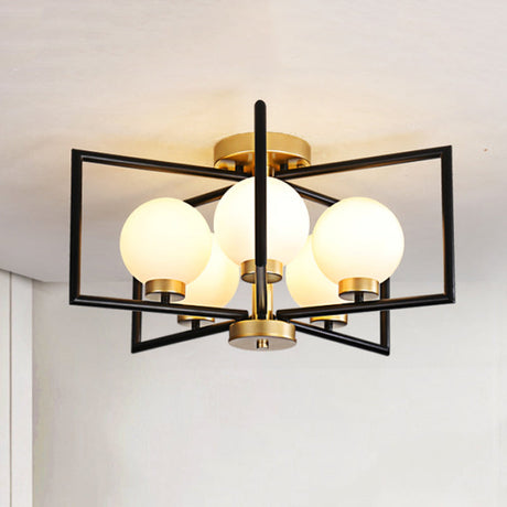 Traditional White Glass Flush Mount Ceiling Fixture With 5 Lights For Living Room