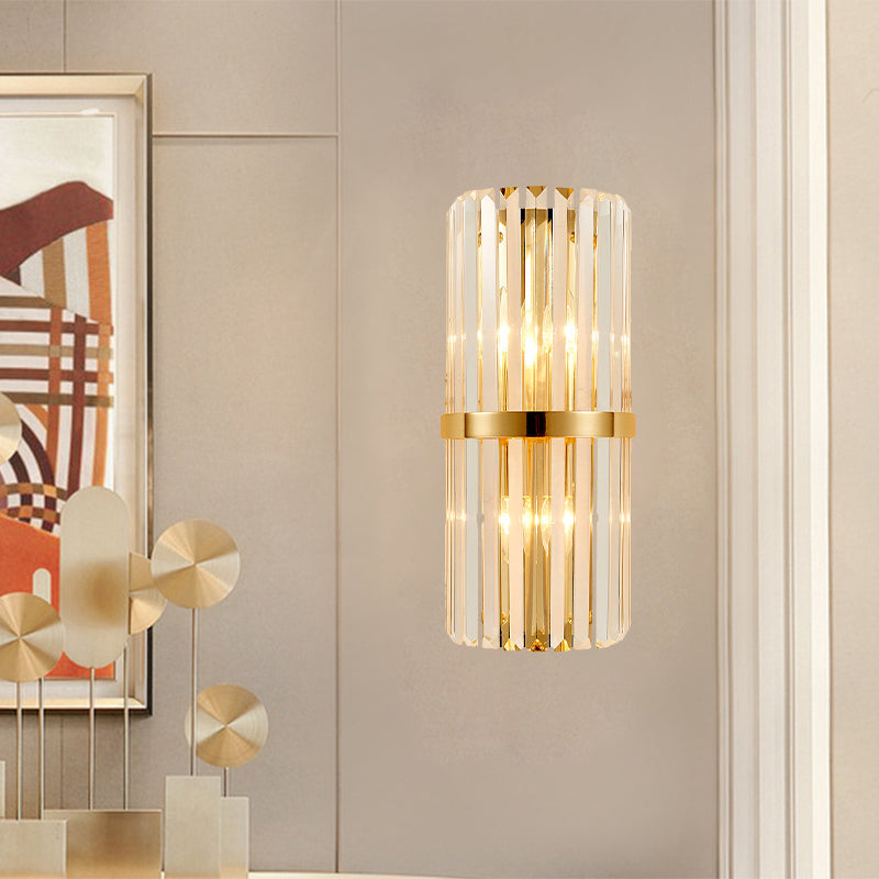 Modernist Clear Crystal Cylinder Wall Lighting Fixture - 2 Lights Golden Sconce Lamp (18/21.5