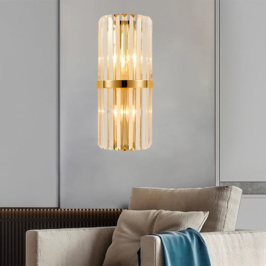 Modernist Clear Crystal Cylinder Wall Lighting Fixture - 2 Lights Golden Sconce Lamp (18/21.5
