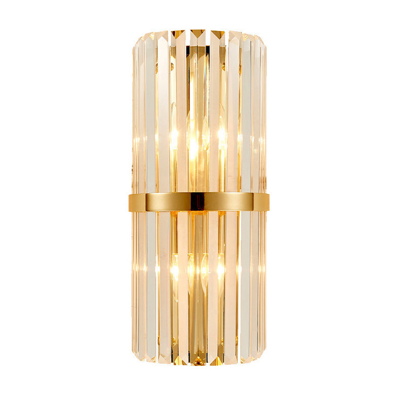 Modernist Clear Crystal Cylinder Wall Lighting Fixture - 2 Lights Golden Sconce Lamp (18/21.5