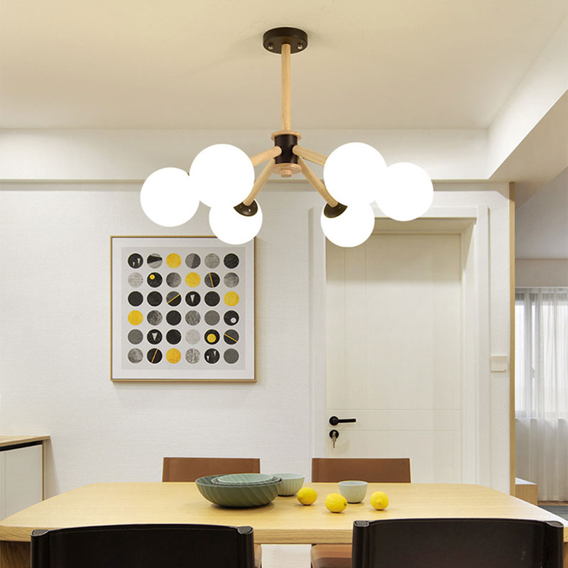 Modern 6-Light Grape Chandelier With Wood Branch And White Glass