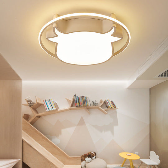 Animal-Inspired Ring Kids Flush Ceiling Light: Eye-Caring Ox Head Acrylic Lamp White / Remote
