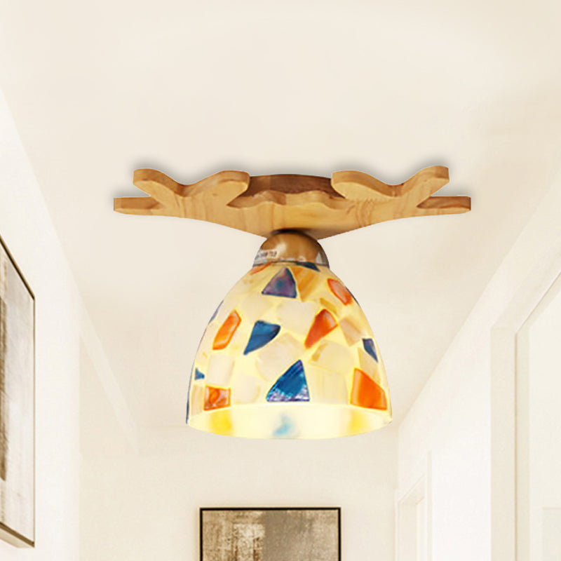 Deer Horn Antique Ceiling Mount Light: Beige Glass Lamp For Shops