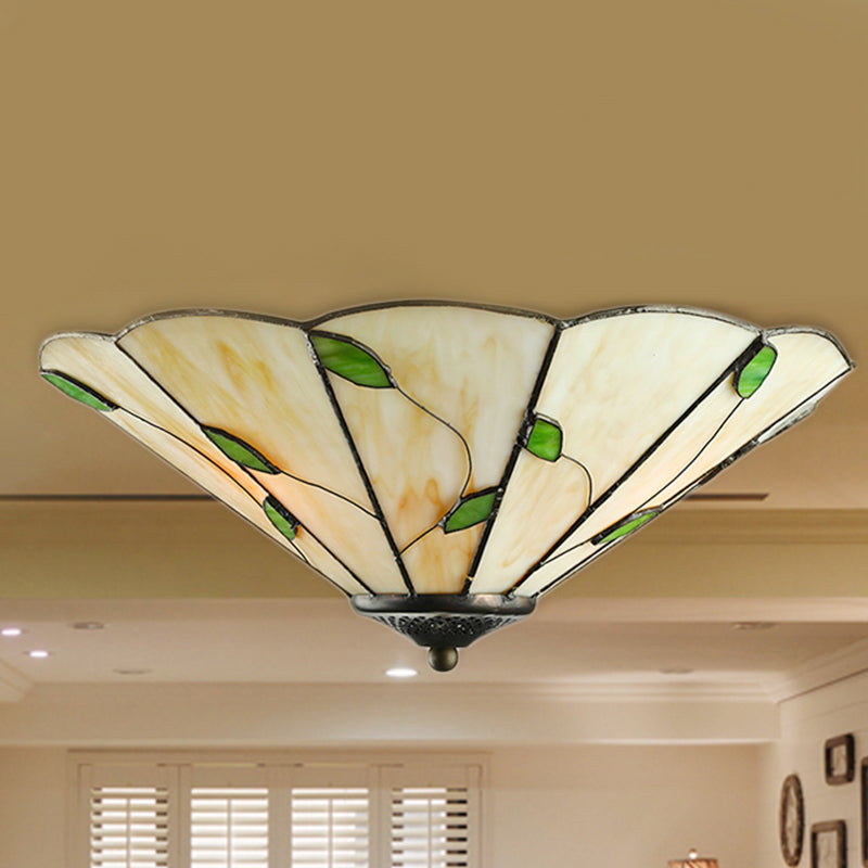 Tiffany Stained Glass Ceiling Light With Geometric Design And Leaf Theme (3 Lights White/Beige
