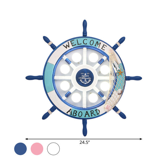 Wooden Ship Rudder Ceiling Lamp - 8 - Bulb Led Semi Flush Mount Light (White/Pink/Blue Options)