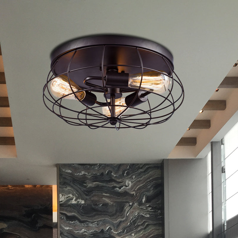 Industrial Black Metal Ceiling Light Fixture - 3 - Light Caged Flush Mount For Corridor