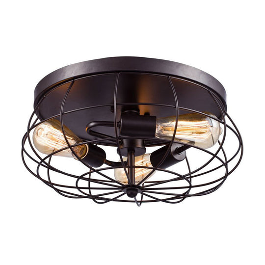Industrial Black Metal Ceiling Light Fixture - 3 - Light Caged Flush Mount For Corridor