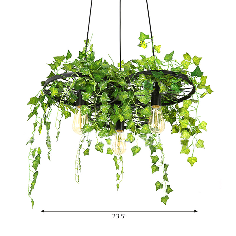 Retro Iron Wagon Wheel Chandelier - Black 1/3/6 Light Hanging Pendant With Decorative Plant