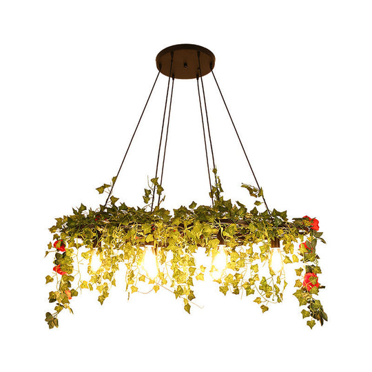 Retro Iron Wagon Wheel Chandelier - Black 1/3/6 Light Hanging Pendant With Decorative Plant