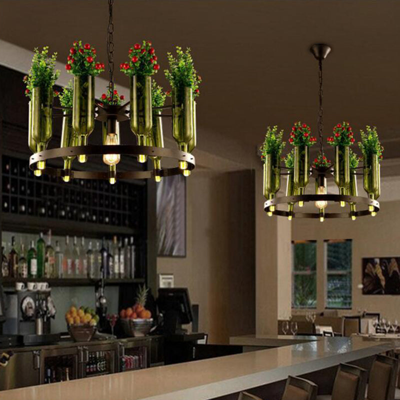 Iron Circular Chandelier Pendant Lamp In Black With Glass Pot And Plant - Restaurant Suspension