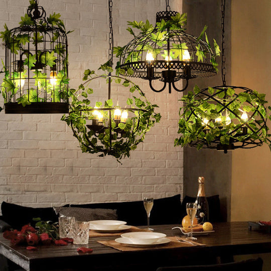 4-Head Plant Pendant Chandelier With Basket/Bowl Iron Cage - Black Ideal For Rural Restaurants
