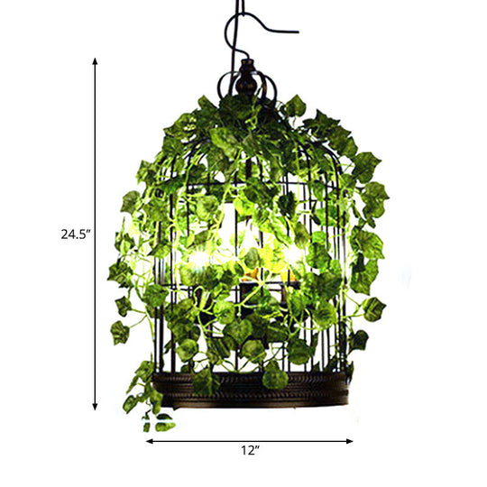4-Head Plant Pendant Chandelier With Basket/Bowl Iron Cage - Black Ideal For Rural Restaurants