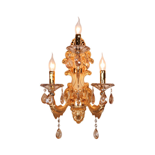 Traditional Gold Crystal Droplets Wall Sconce With 3-Head Candelabra - Elegant Lighting Fixture