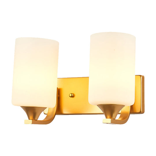 Traditional 2-Bulb Gold Wall Lamp With Milky Glass Cylindrical Fixture