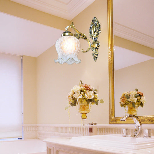 Modern White Glass Wall Mount Lamp With Gold Design - Single Head Flower Sconce Light