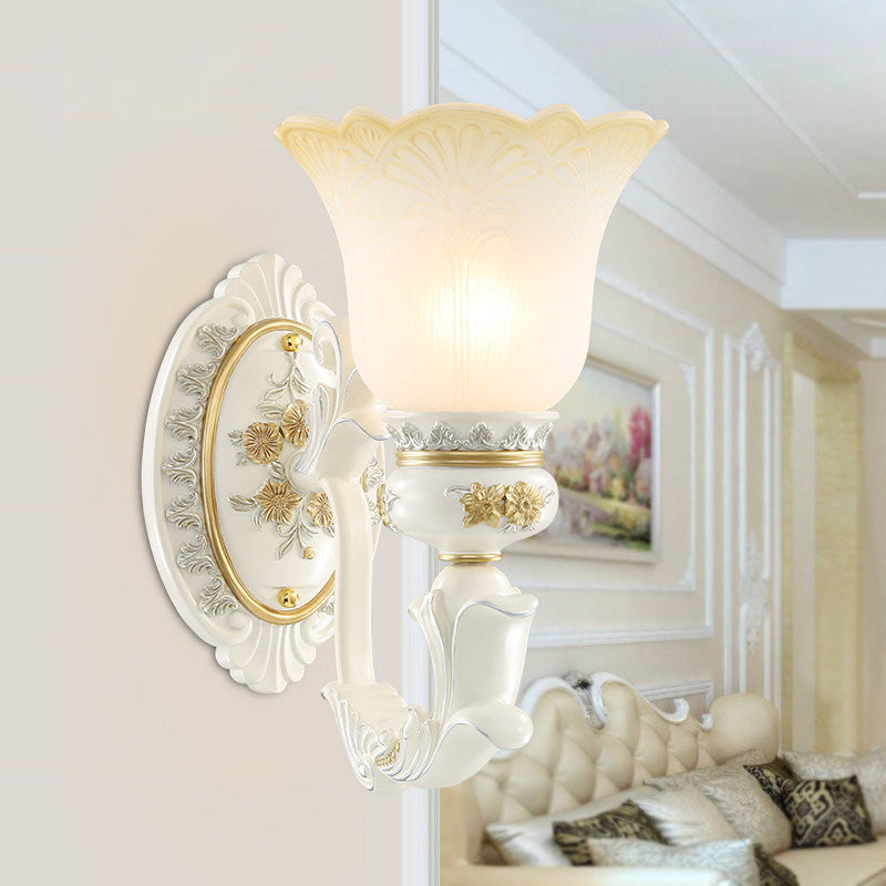 Rustic Blossom Wall Mount Light With Frosted Glass Sconce - Single Bulb Carved Design White