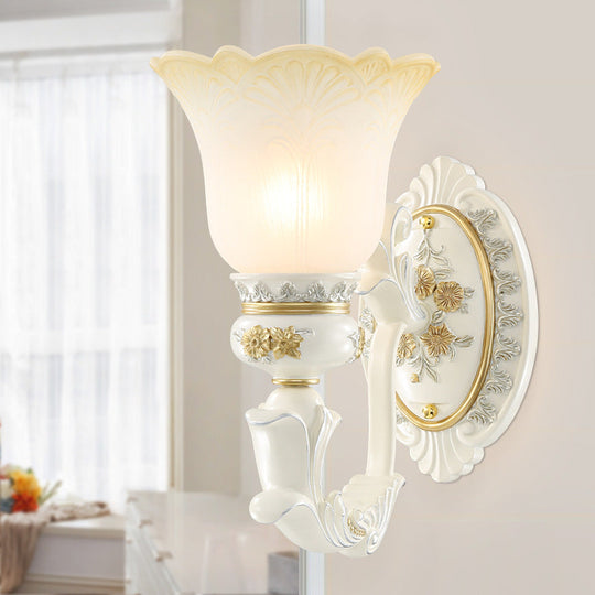 Rustic Blossom Wall Mount Light With Frosted Glass Sconce - Single Bulb Carved Design White