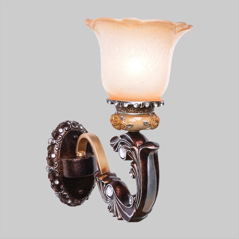 Vintage Brown Half-Head Wall Lamp With Pink And White Floral-Shaped Glass - Retro Lighting Fixture