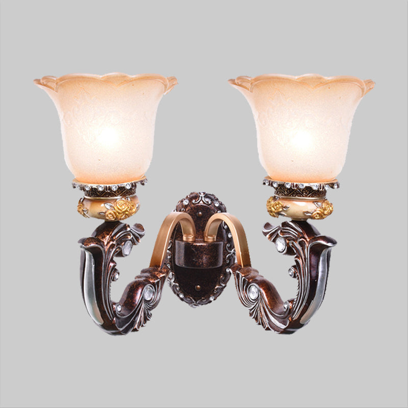Vintage Brown Half-Head Wall Lamp With Pink And White Floral-Shaped Glass - Retro Lighting Fixture
